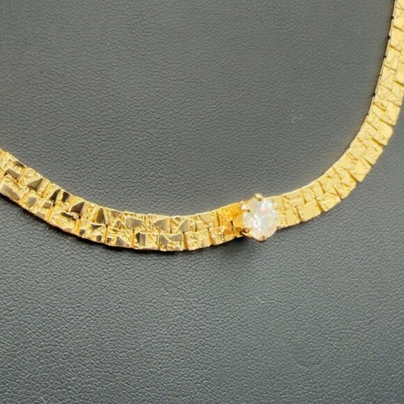 Vintage Gold Tone Textured Nugget Link Necklace Bracelet Set Crystal Accent - Picture 2 of 12